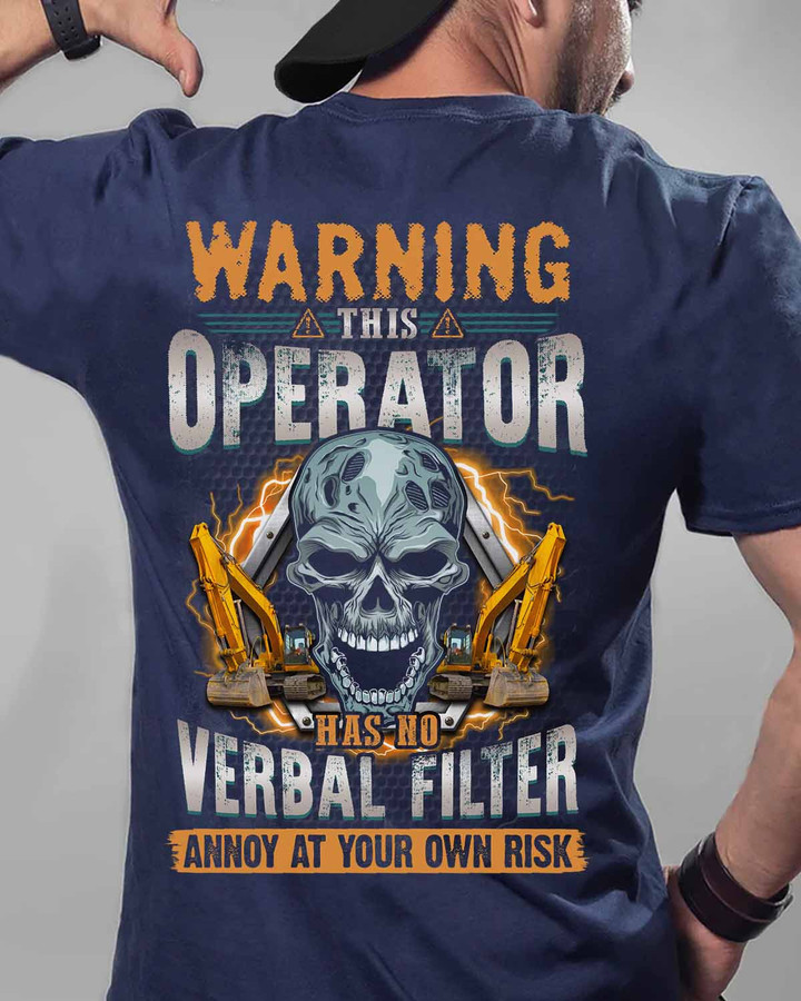 Blue Operator T-Shirt with Skull and Excavator Graphic for Mechanics and Blue-Collar Workers