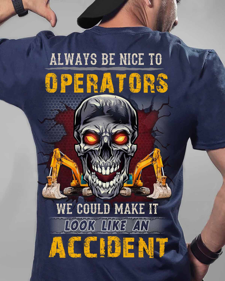 Operator T-Shirt - Blue with Skull and Excavator Graphic