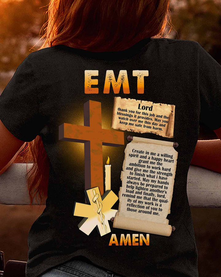 EMT T-Shirt with Cross, Candle, and Prayer Design