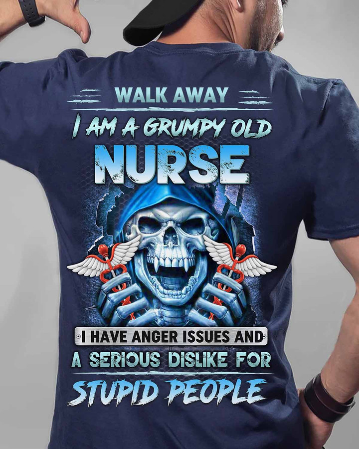 Black t-shirt with skull with wings graphic and quote for grumpy old nurse