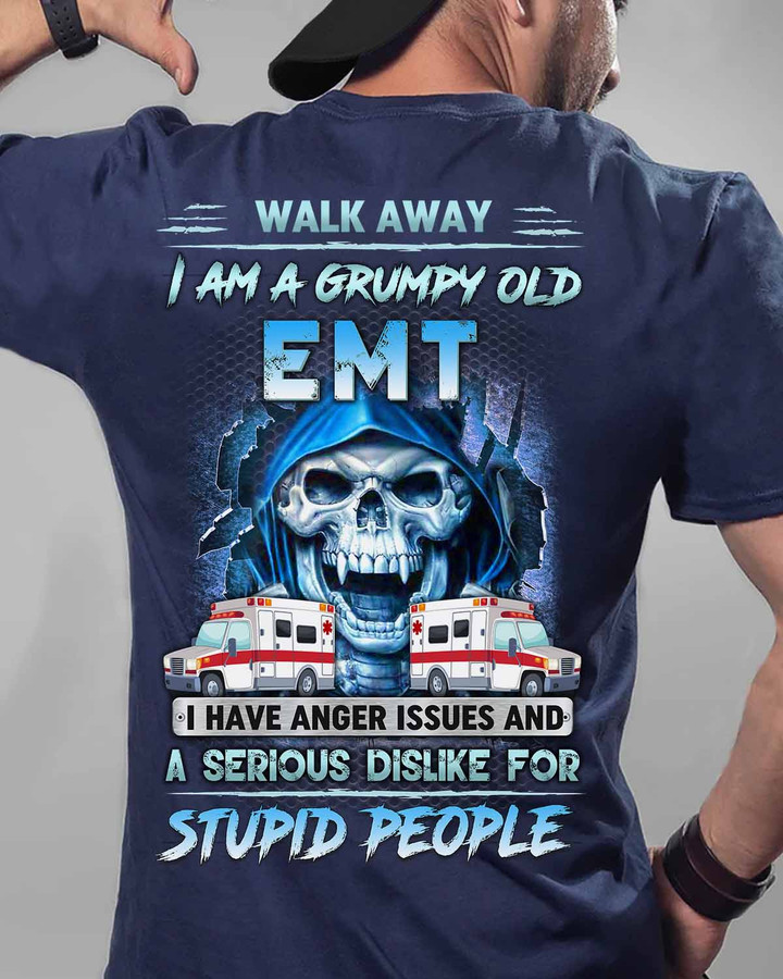 Blue Grumpy Old EMT T-Shirt with Skull and Ambulance Graphic
