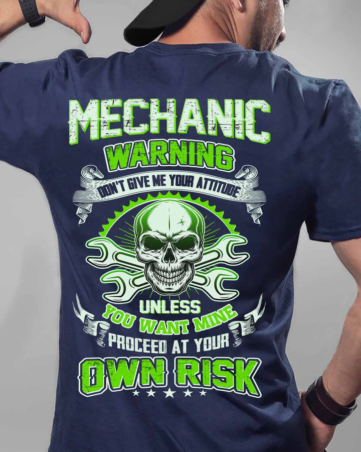 Blue mechanic t-shirt with skull and wrench graphic - bold and humorous attire for skilled mechanics.