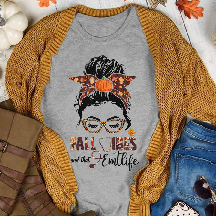 Gray Fall Girls T-Shirt for EMT Professionals - Woman wearing glasses and pumpkin headband graphic design.