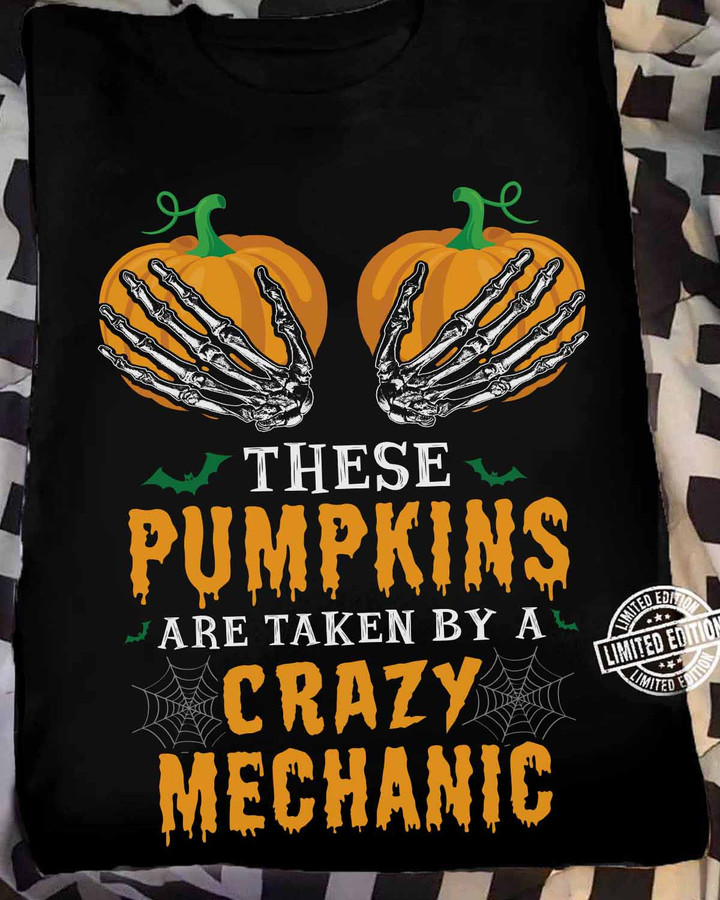 Spooky and Funny Mechanic T-Shirt with Skeleton Hands Holding Pumpkins #220922THESPUMP1FMECHZ6