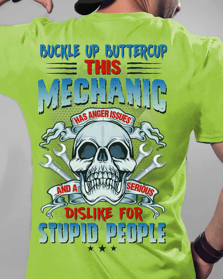 Neon Green Mechanic T-Shirt with Skull and Wrenches