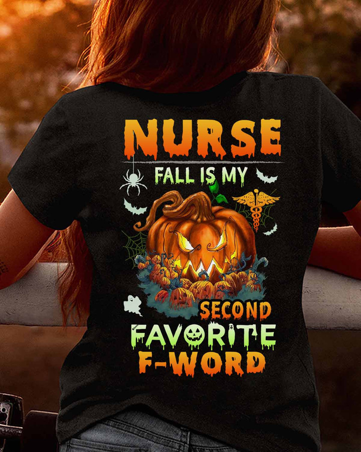 Black nurse t-shirt with pumpkin graphic and quote reading 'Nurse is my second favorite word'.