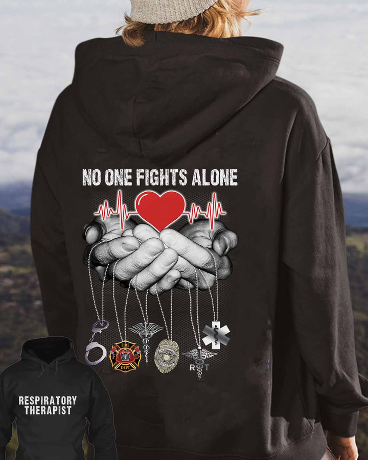 Black Respiratory Therapist Hoodie - Hands holding heart graphic design with quote 'No one fights alone.'