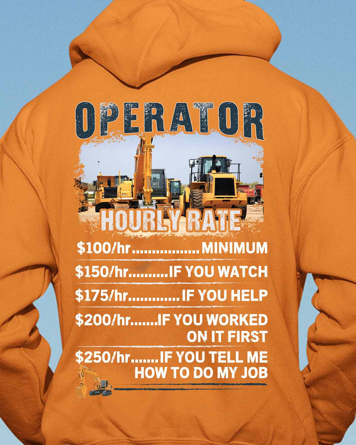 Graphic design on our orange hoodie for operators features construction trucks on a construction site, representing the expertise and pride of skilled construction workers.