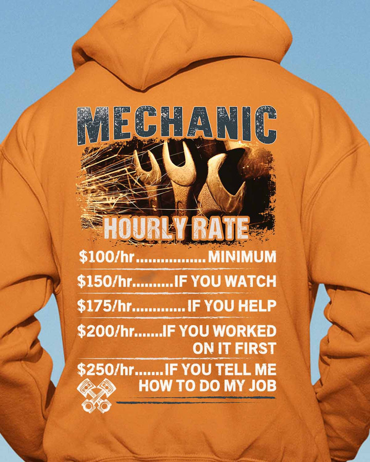 Mechanic orange hoodie with wrenches graphic design and humorous quote on the back.
