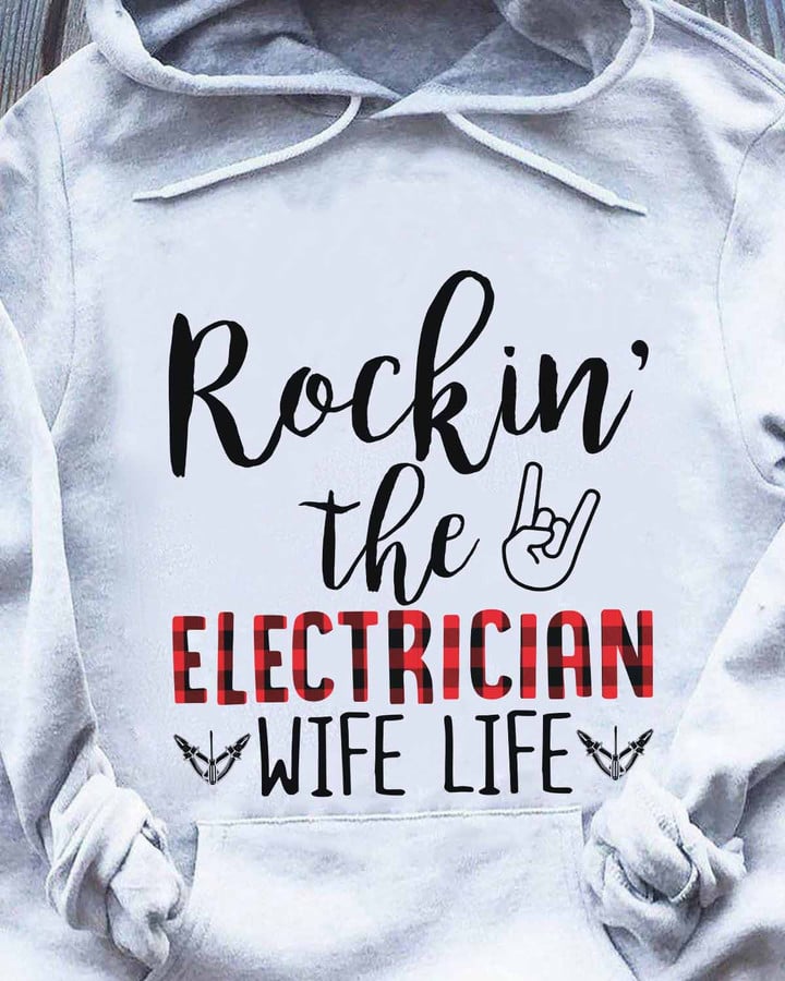 Black Rockin' the Electrician Wife Life Hoodie with white silhouette of a woman wearing a hard hat and carrying a toolbox.