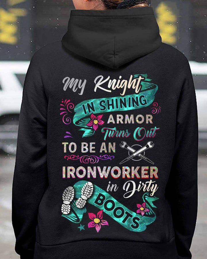 Ironworker Hoodie - Knight in shining armor design with an ironworker's hard hat and dirty boots.