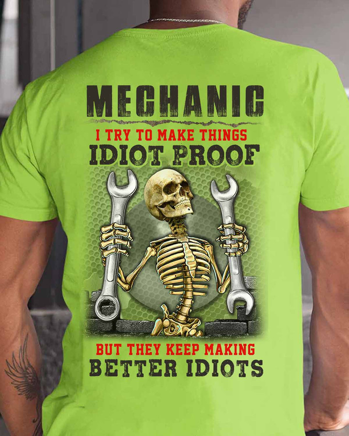 Neon green mechanics t-shirt with skeleton graphic and wrench