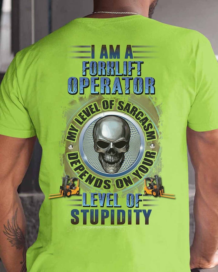 Neon Green Forklift Operator T-Shirt with Skull and Forklift Graphic