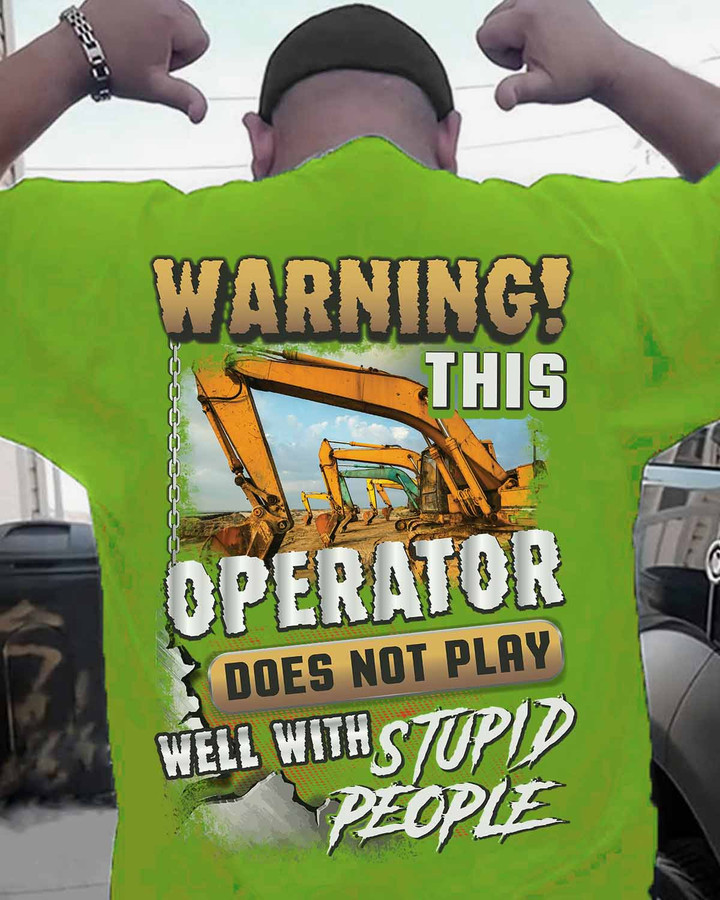 "Green cotton t-shirt with excavator graphic design and quote - Warning