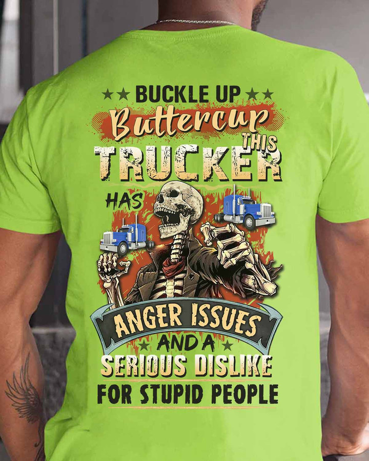 Trucker T-Shirt - Green tee with skeleton holding a truck and a witty quote for blue-collar workers.