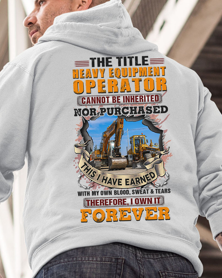 Heavy Equipment Operator White Hoodie - Graphic of an operator in an excavator cab with bold text.