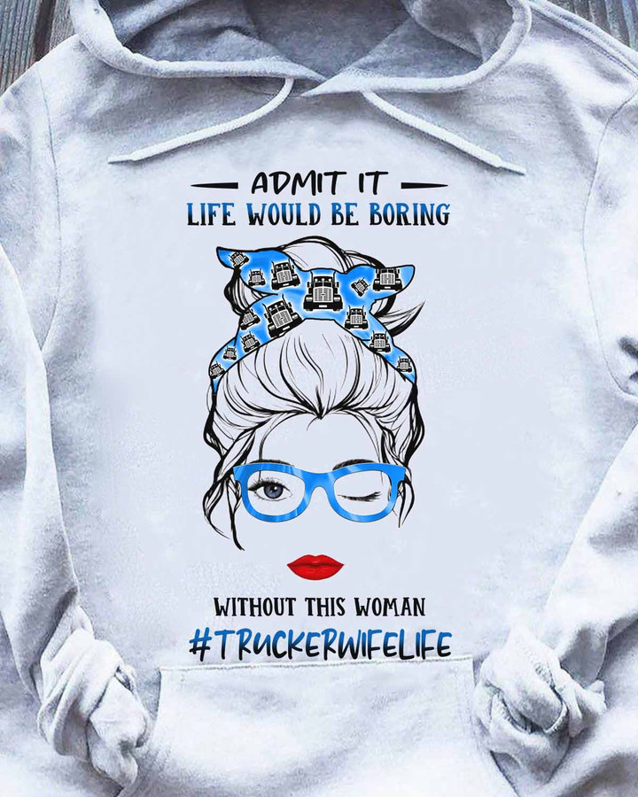 Woman wearing white hoodie with glasses and headband, representing the strength and support of trucker wives | #TRUCKERWIFELIFE