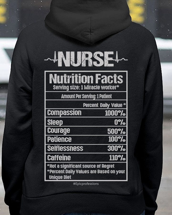 Black hoodie with nurse nutrition facts graphic design, a perfect tribute to the dedication and compassion of nurses.
