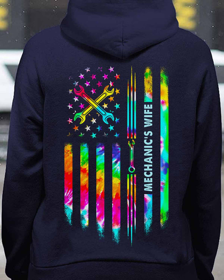 Mechanic's Wife Hoodie - Tie dye American flag graphic design with crossed wrenches and stars.
