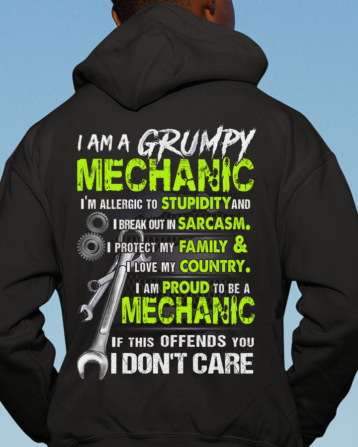 Black mechanic hoodie with graphic design and quote - I'm a grumpy mechanic, I'm allergic to stupidity and I break out in sarcasm.