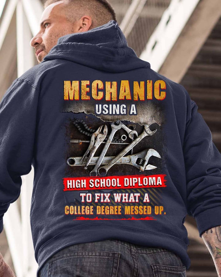 Mechanic Using a High School Diploma- Navy Blue -Mechanic- Hoodie -#271022DIPLO4BMECHZ6