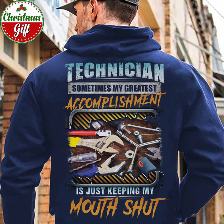 Technician Hoodie - Blue hoodie with tool graphic and humorous quote
