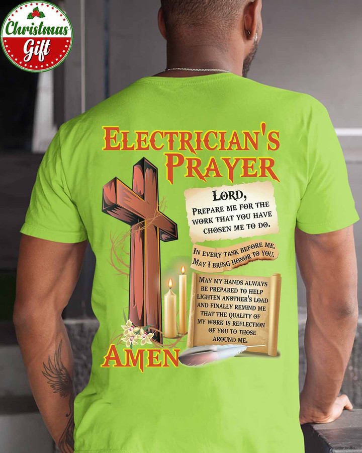 Electrician's Prayer T-Shirt - Green Cross and Candle Graphic Design