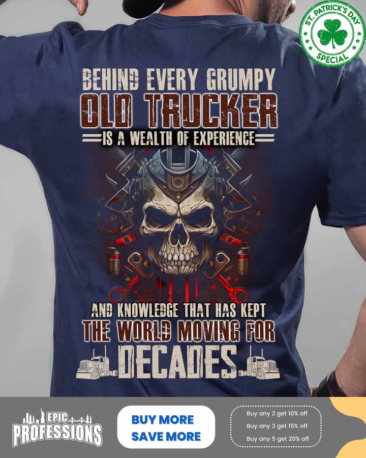 Behind every grumpy old Trucker is a wealth of experience-Navy Blue -Trucker- T-shirt-#M010323MOVING1BTRUCZ6