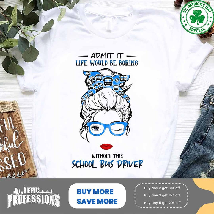 School Bus Driver T-Shirt with Blue Headband and Glasses