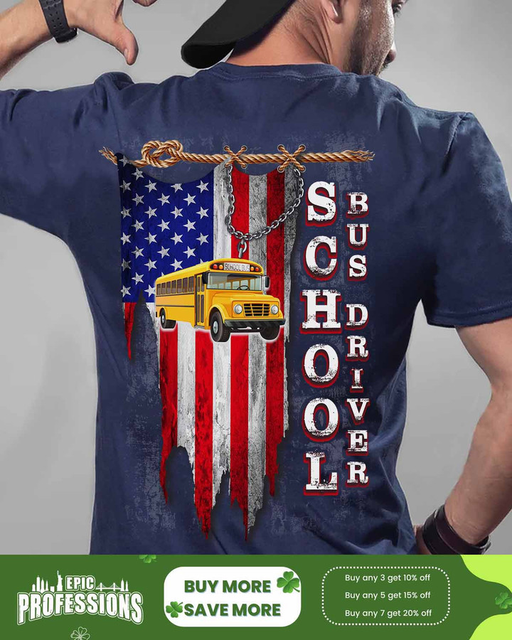 Blue t-shirt for school bus drivers with school bus graphic and American flag design