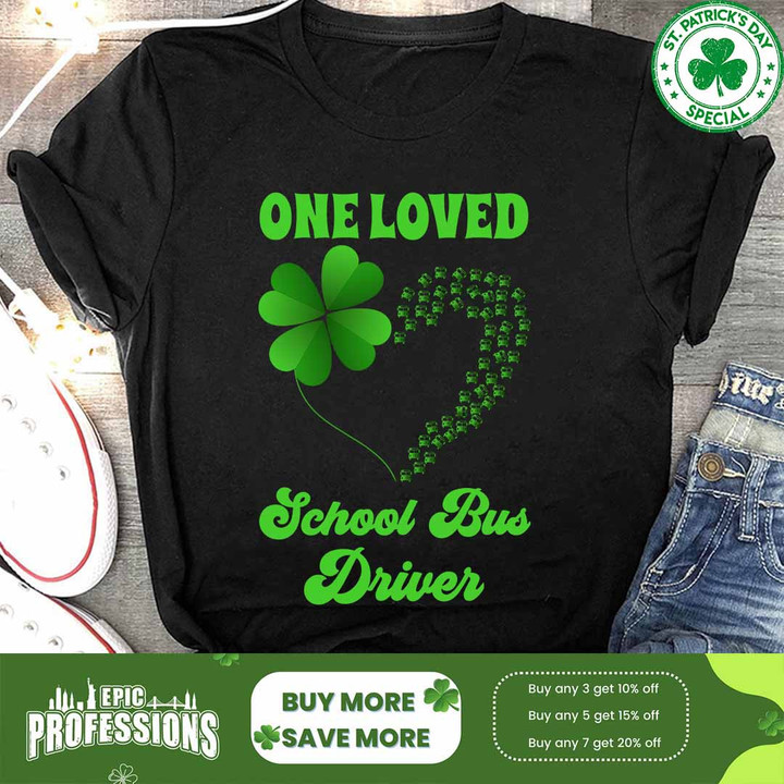 Black t-shirt with green clover and heart design, a tribute to school bus drivers