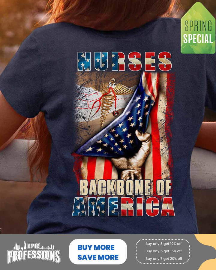 Blue Nurse Backbone of America T-Shirt with Hand Holding American Flag