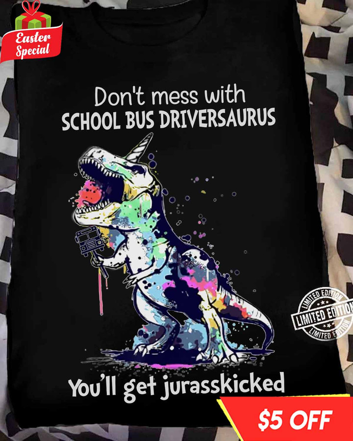 Black t-shirt for school bus drivers with unicorn graphic and playful quote