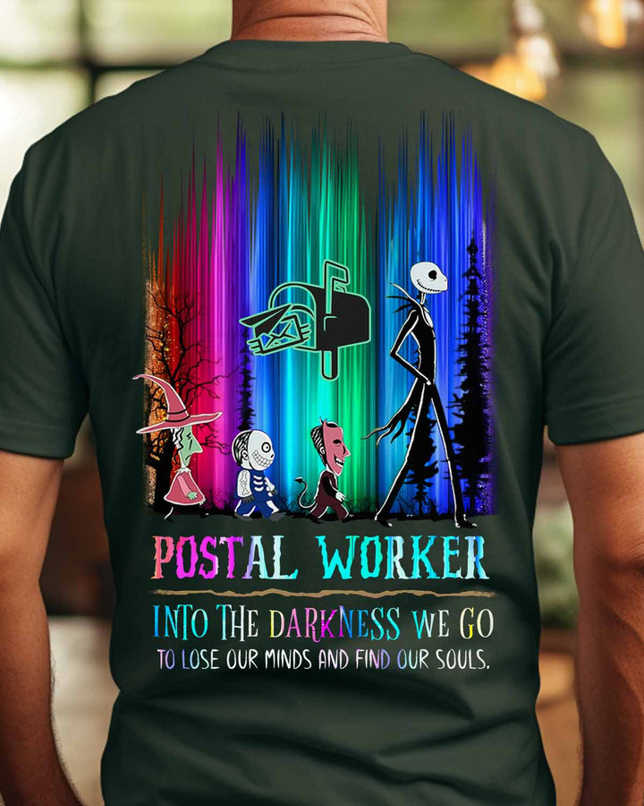Black postal worker t-shirt with white graphic design featuring quote on dedication and resilience