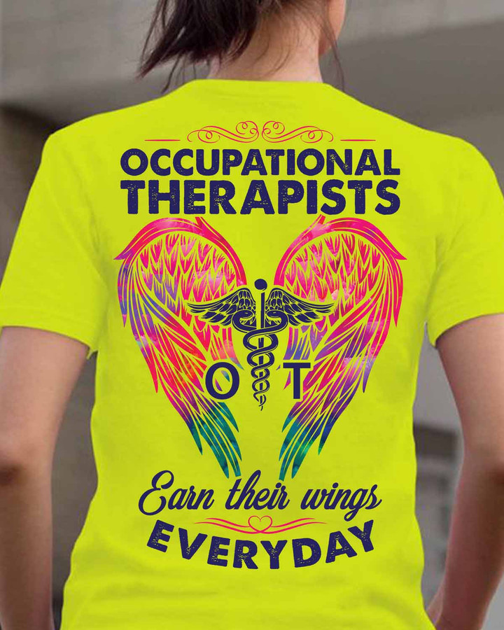Yellow occupational therapist t-shirt with medical caduceus and wings graphic
