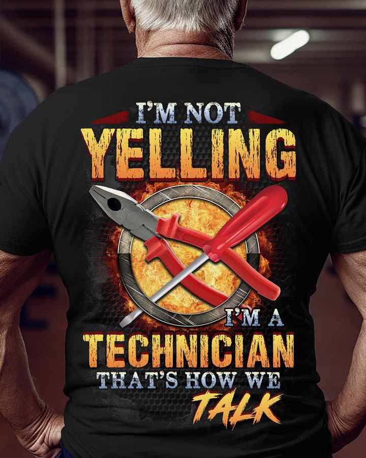 "Black technician t-shirt with bold white text
