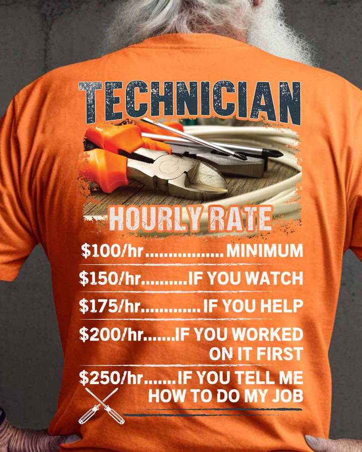 Orange technician t-shirt with pliers graphic and 'technician' text, ideal for blue-collar workers.