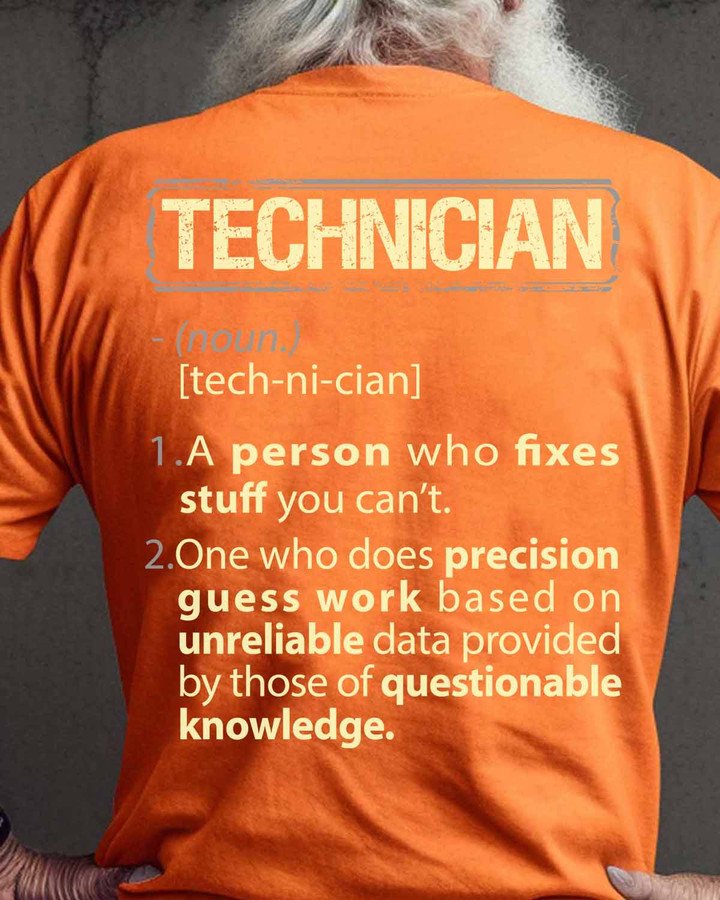 Orange Technician T-Shirt with bold 'TECHNICIAN' graphic design and definition print.