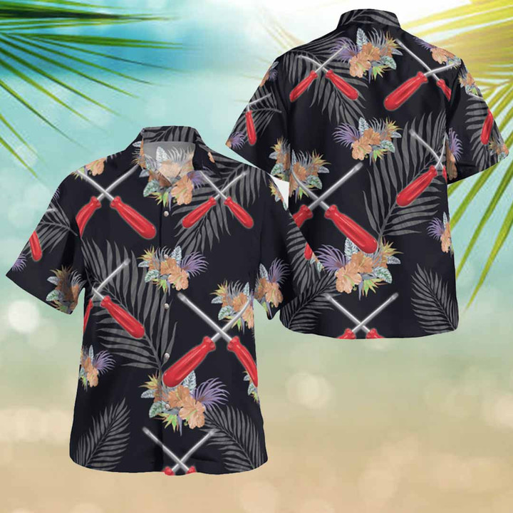 Technician Hawaiian shirt with floral pattern and red screwdriver graphic.