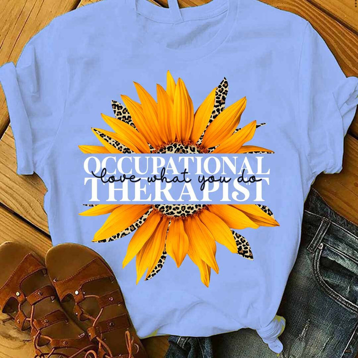Blue Occupational Therapist T-Shirt with Sunflower and Leopard Print Design
