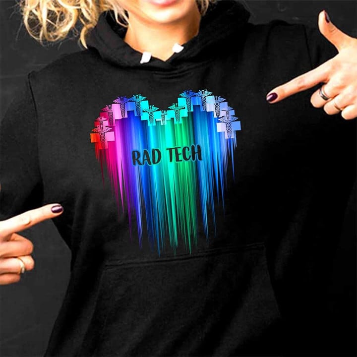 Black hoodie with rainbow heart embroidery for rad tech professionals