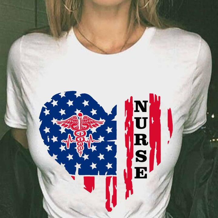 Shop our White Cotton Nurse T-Shirt with Heart Shaped American Flag #110223USFLA89FNURSZ4