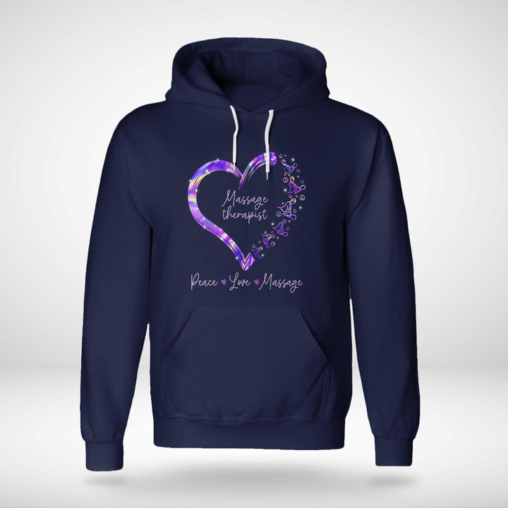 Blue hoodie with purple heart and "Massage therapist" quote