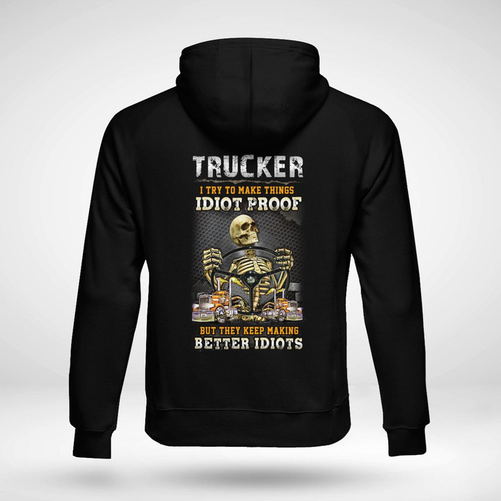 Trucker hoodie with skeleton graphic design - a stylish and bold choice for blue-collar professionals.