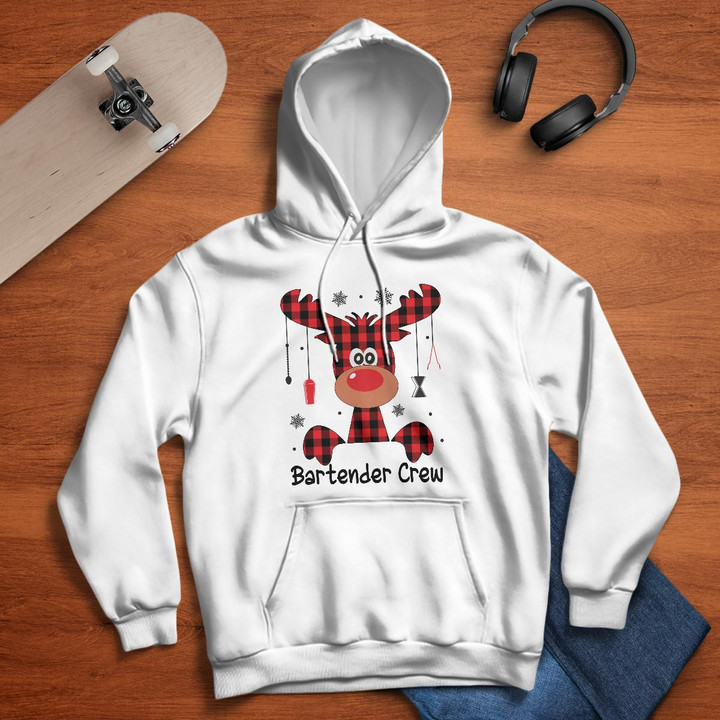 White hoodie with red and black plaid reindeer graphic and "Bartender Crew" quote.