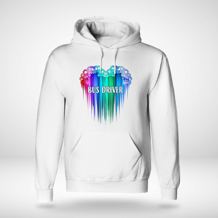 White hoodie with rainbow 'BUS DRIVER' font, perfect for proud bus drivers