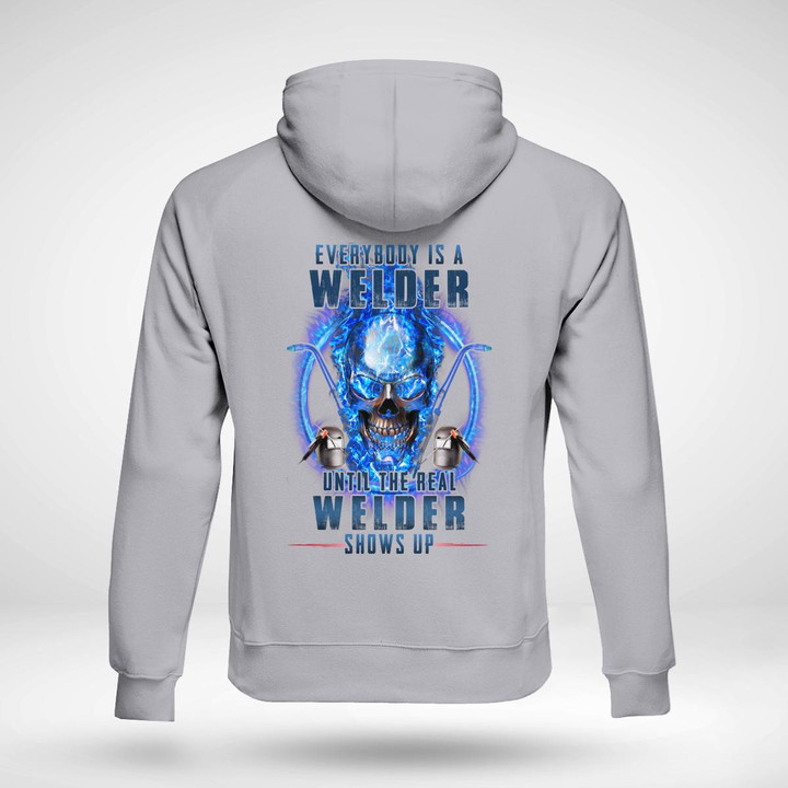 Gray hoodie with blue skull graphic and quote for welders