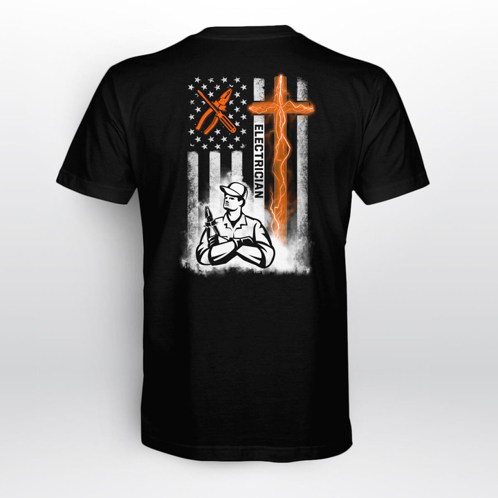Electrician T-Shirt - Graphic design of an electrician holding a cross and an American flag, representing pride in the electrician profession.