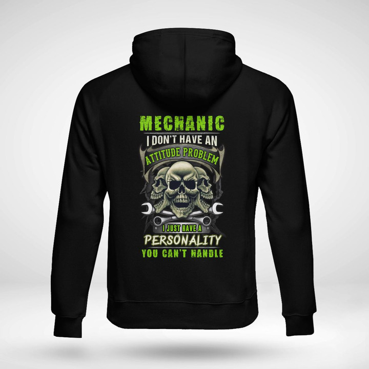 Mechanic hoodie with skull and wrench graphic on a black background.