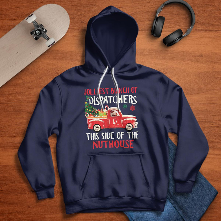 Blue dispatcher hoodie with red truck carrying a Christmas tree, showcasing pride and humor in the profession.
